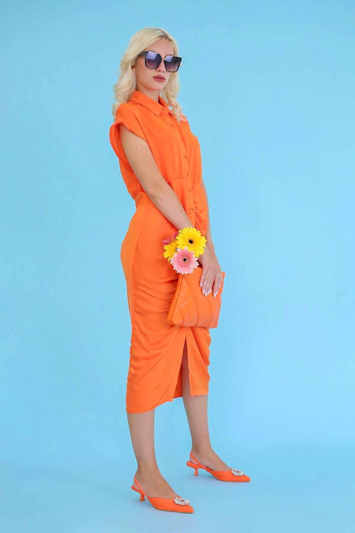 VEDAS MODEL 3 CM TAŞ DETAYLI YENİ SEZON TOPUKLU SANDALET ORANJ