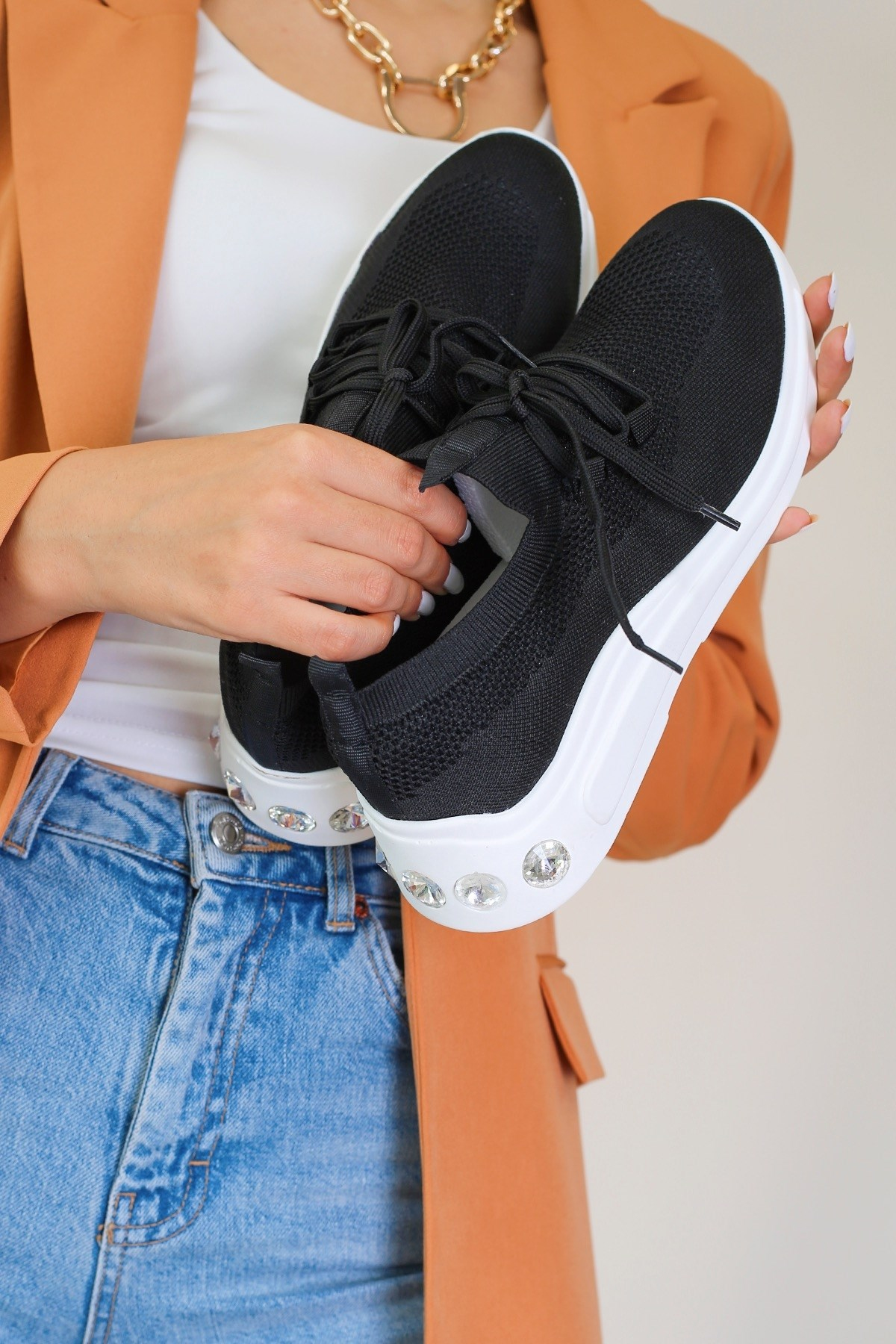 Wesley Model Taş Detayli Yeni Sezon Sneakers Spor Ayakakbi Siy.bey