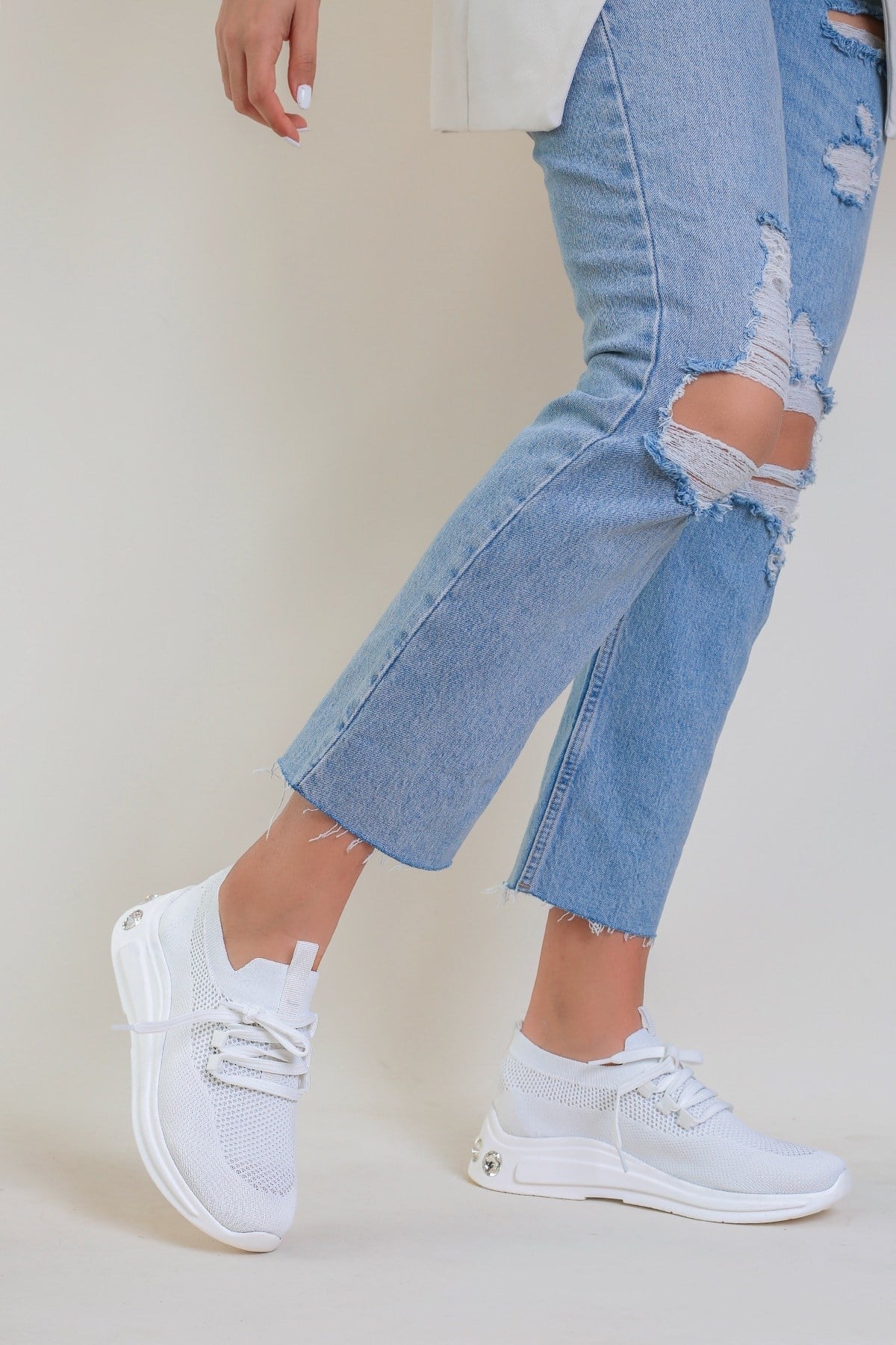 Wesley Model Taş Detayli Yeni Sezon Sneakers Spor Ayakakbi Beyaz