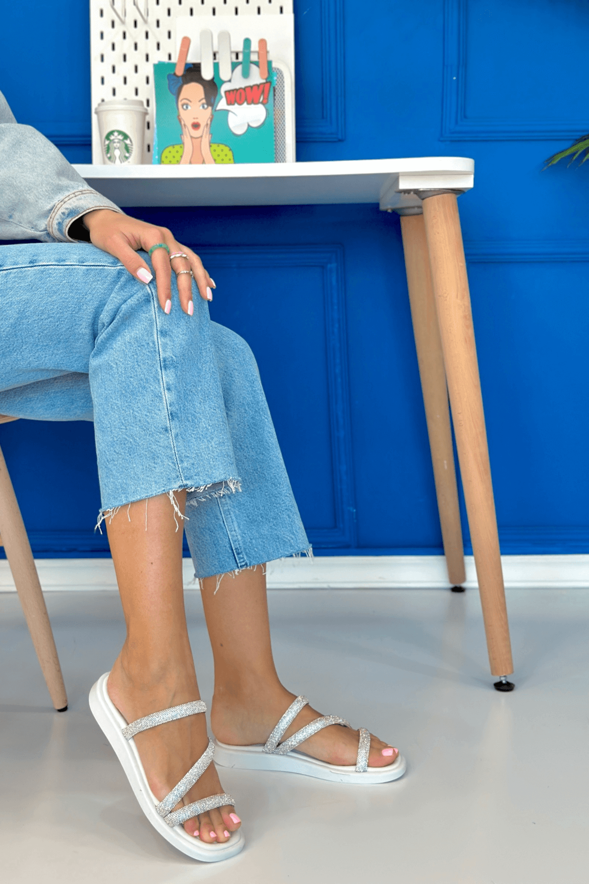 WINNY MODEL 3 CM TABANLI TAŞ DETAYLI TERLİK BEYAZ