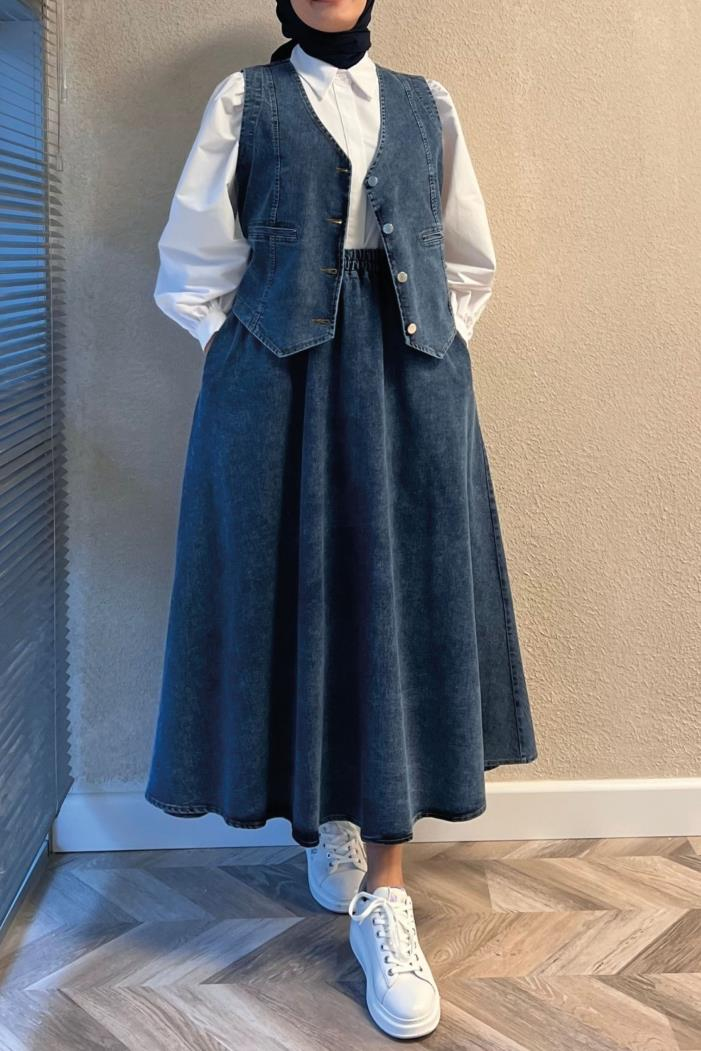 3'LÜ Kot Yelek Etek Gömlek Takım 1400 - Mavi