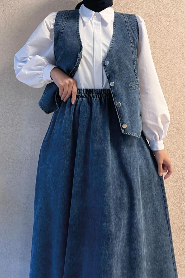 3'LÜ Kot Yelek Etek Gömlek Takım 1400 - Mavi