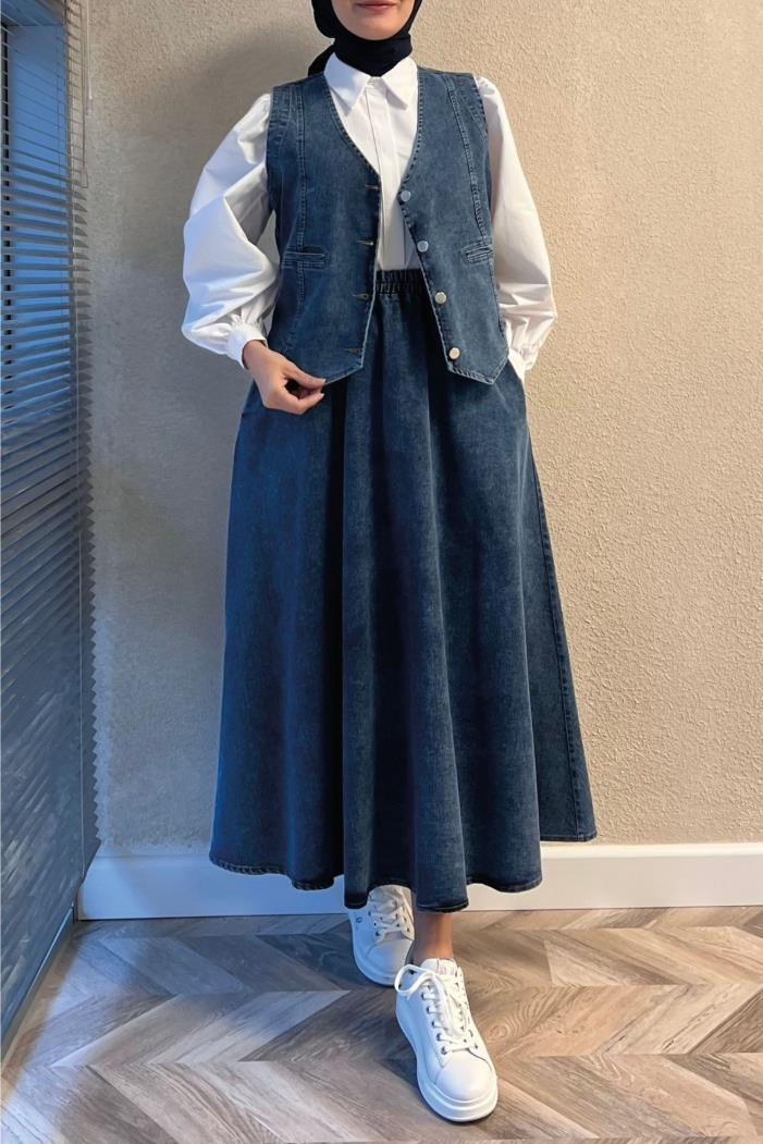 3'LÜ Kot Yelek Etek Gömlek Takım 1400 - Mavi