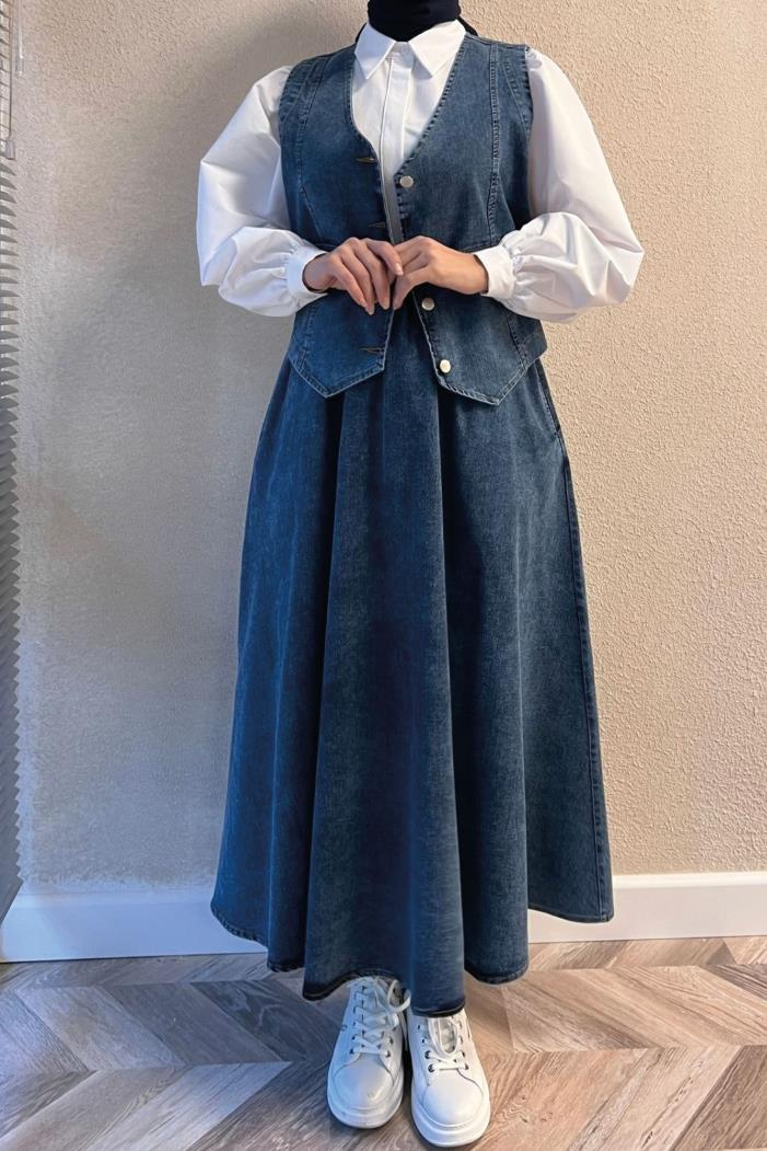 3'LÜ Kot Yelek Etek Gömlek Takım 1400 - Mavi