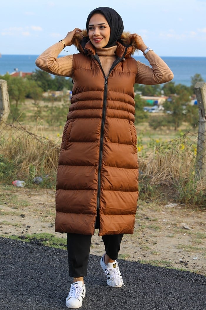 Afra Çift Cepli Kapüşonlu Tesettür şişme Yelek 350 - Kahve