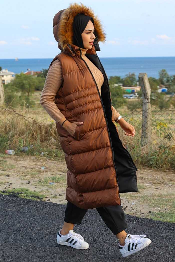 Afra Çift Cepli Kapüşonlu Tesettür şişme Yelek 350 - Kahve