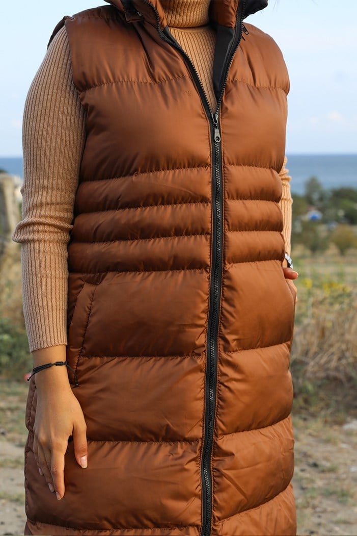 Afra Çift Cepli Kapüşonlu Tesettür şişme Yelek 350 - Kahve