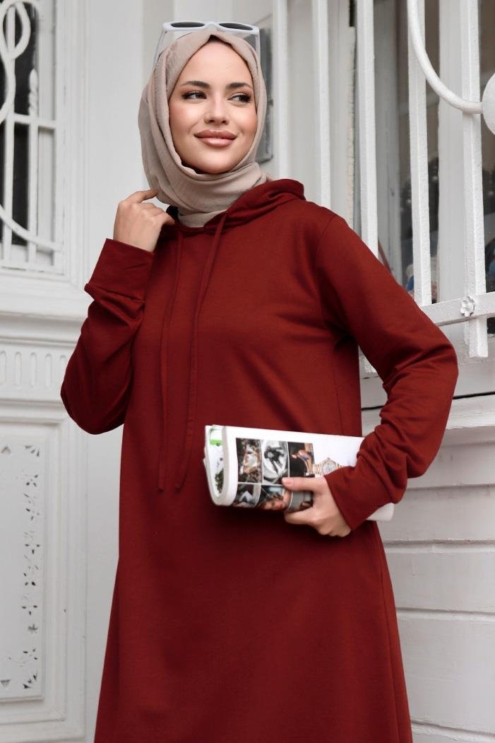 Almila Kapüşonlu Elbise 657 - Bordo