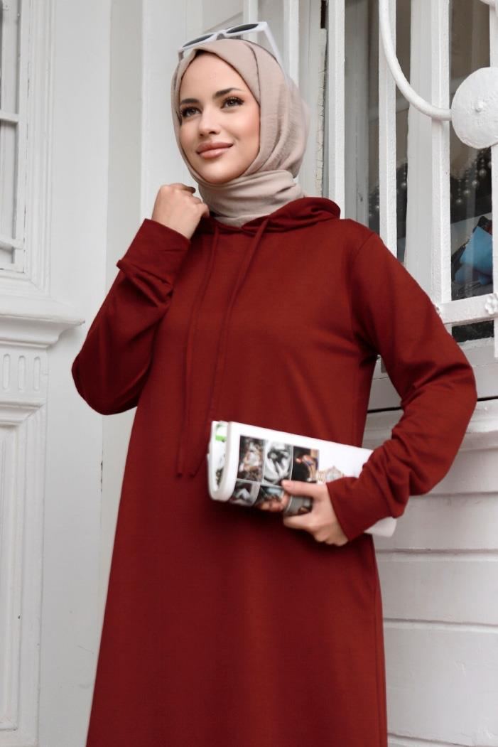 Almila Kapüşonlu Elbise 657 - Bordo