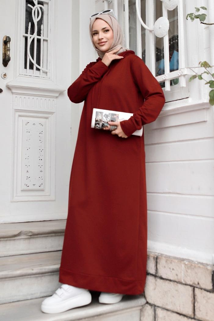 Almila Kapüşonlu Elbise 657 - Bordo