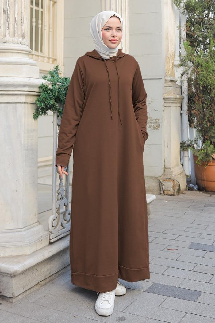 Almila Kapüşonlu Elbise 657 - Kahve