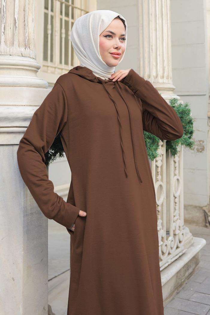 Almila Kapüşonlu Elbise 657 - Kahve