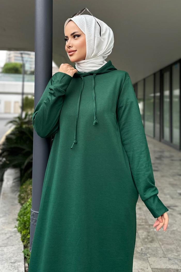 Almila Kapüşonlu Elbise 657 - Zümrüt Yeşili