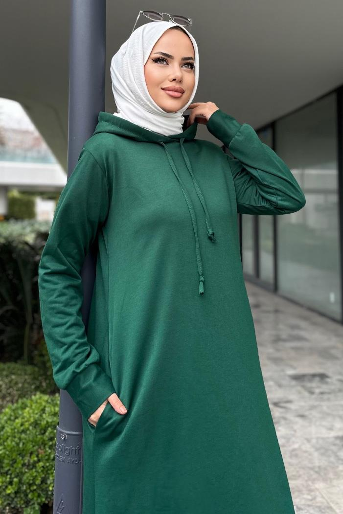 Almila Kapüşonlu Elbise 657 - Zümrüt Yeşili