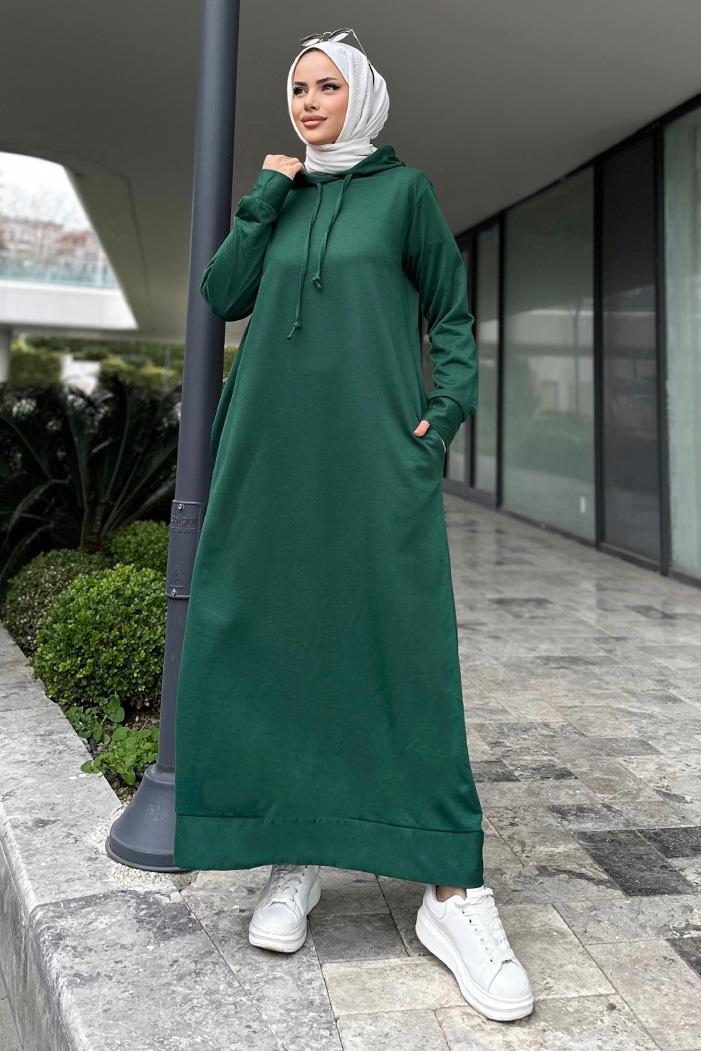 Almila Kapüşonlu Elbise 657 - Zümrüt Yeşili