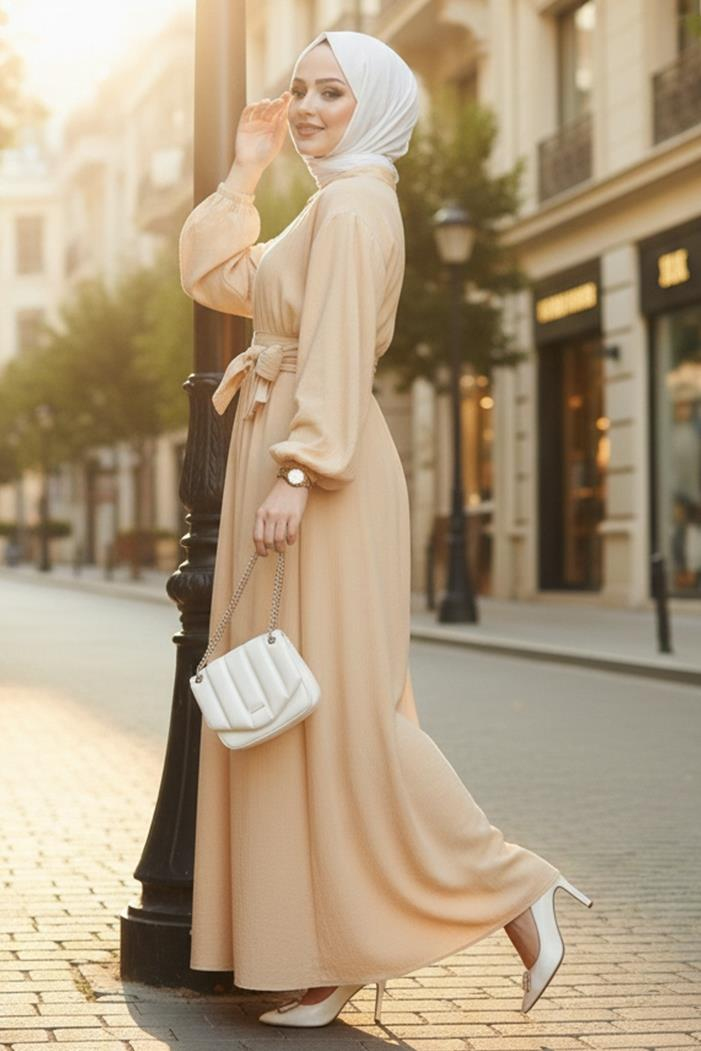 Alser Kuşaklı Elbise 1468 - Bej