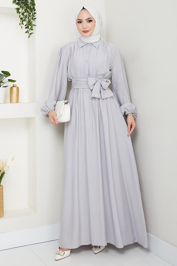 Alser Kuşaklı Elbise 1468 - Gri