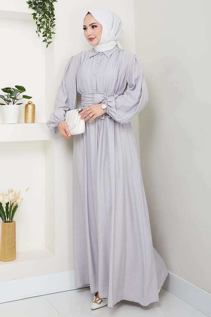 Alser Kuşaklı Elbise 1468 - Gri