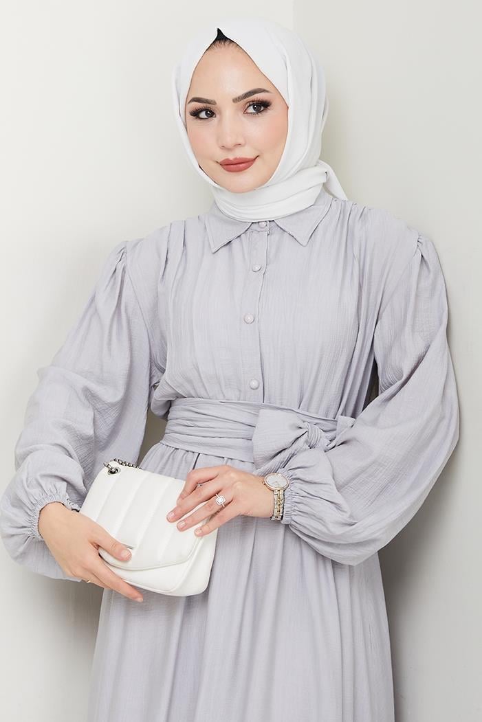 Alser Kuşaklı Elbise 1468 - Gri