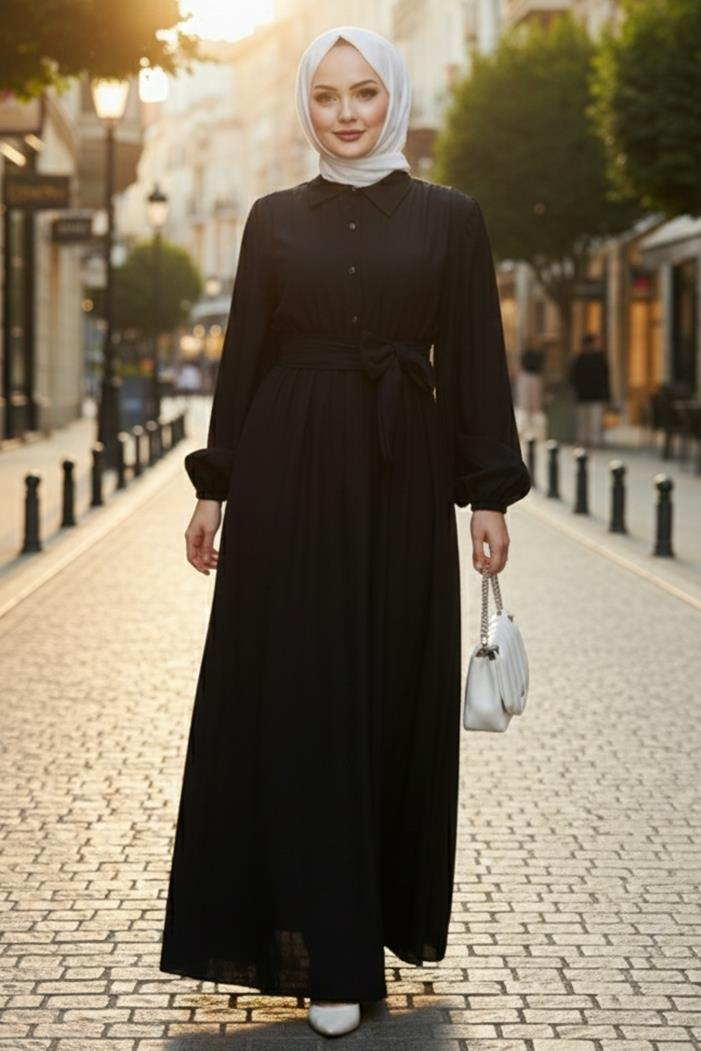 Alser Kuşaklı Elbise 1468 - Siyah