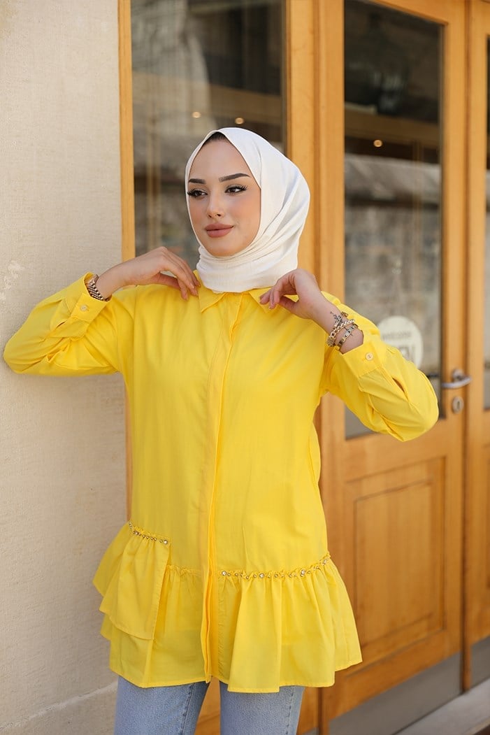 Altı Fırfır Detay Boncuklu Tesettür Gömlek Tunik 319 - Sarı