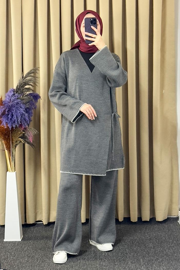 Anel Kimono Pantolon İkili Triko Takım 1229 - Antrasit