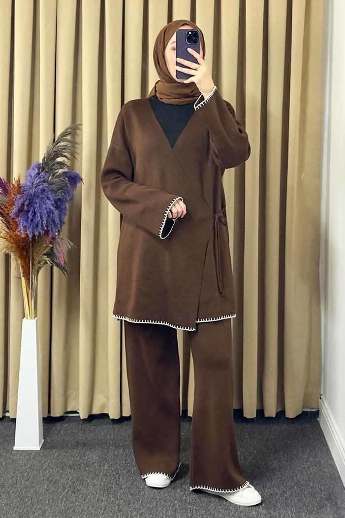 Anel Kimono Pantolon İkili Triko Takım 1229 - Acı Kahve