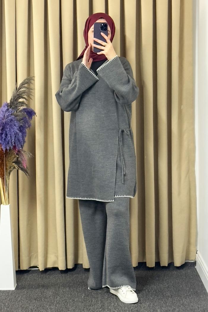 Anel Kimono Pantolon İkili Triko Takım 1229 - Antrasit