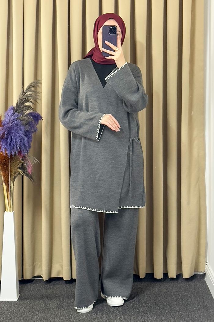 Anel Kimono Pantolon İkili Triko Takım 1229 - Antrasit
