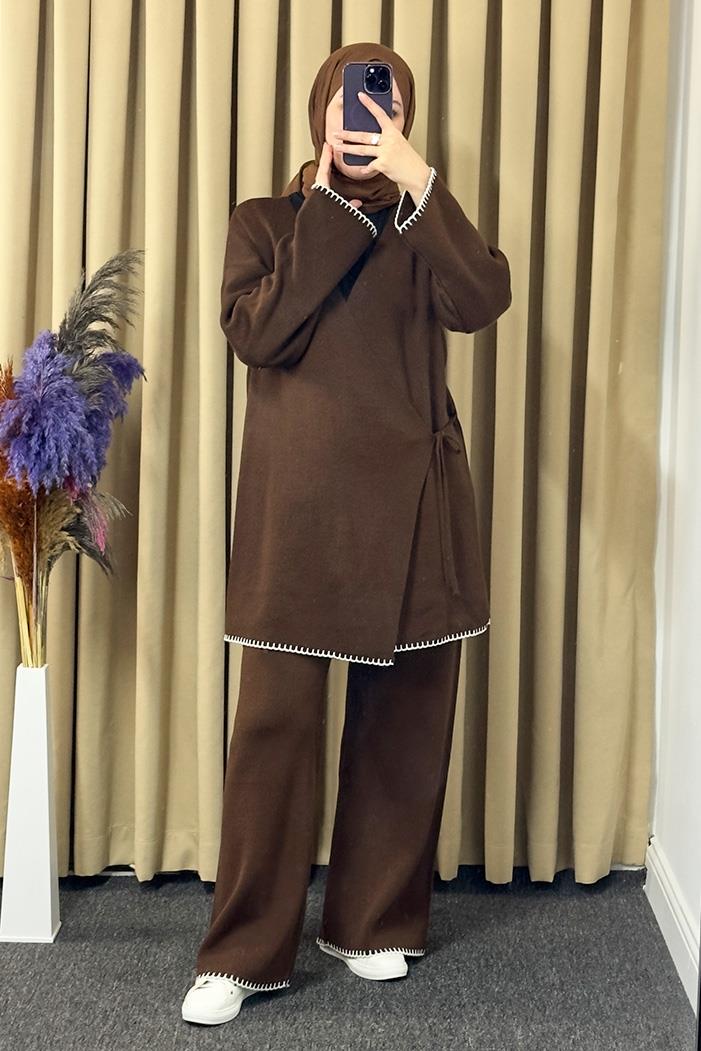 Anel Kimono Pantolon İkili Triko Takım 1229 - Acı Kahve