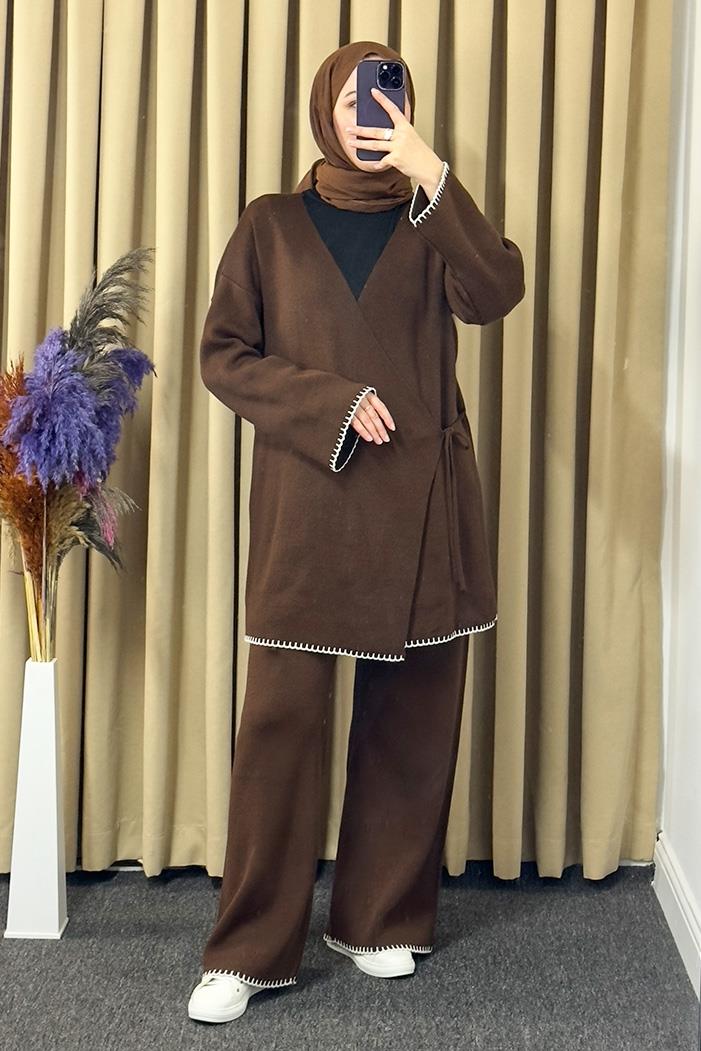 Anel Kimono Pantolon İkili Triko Takım 1229 - Acı Kahve