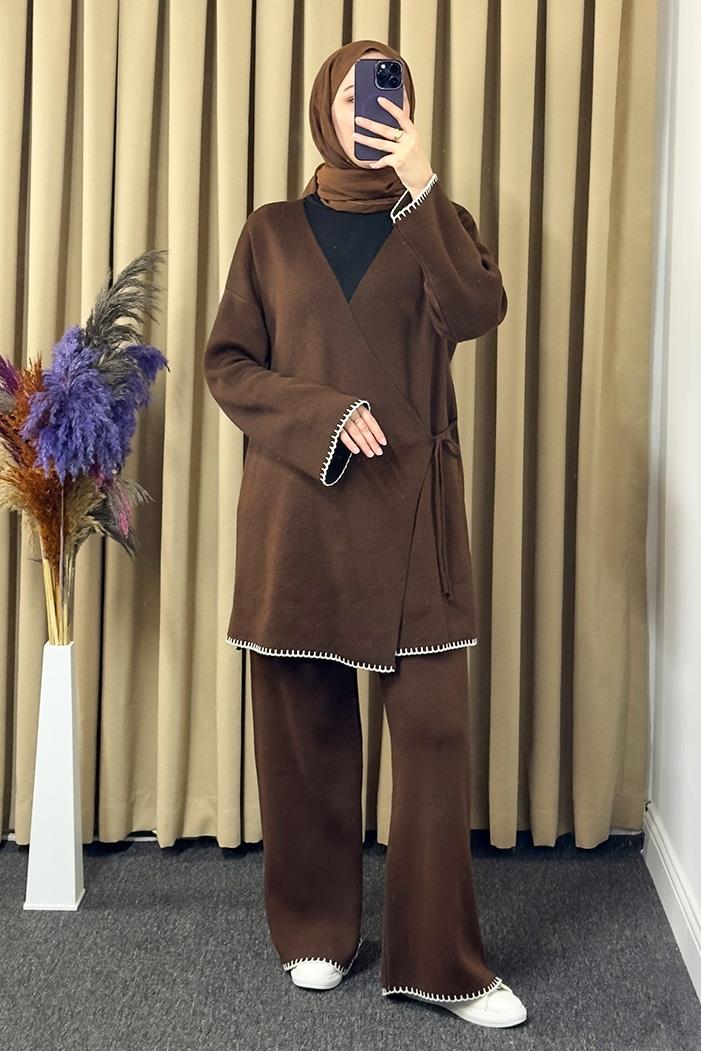 Anel Kimono Pantolon İkili Triko Takım 1229 - Acı Kahve