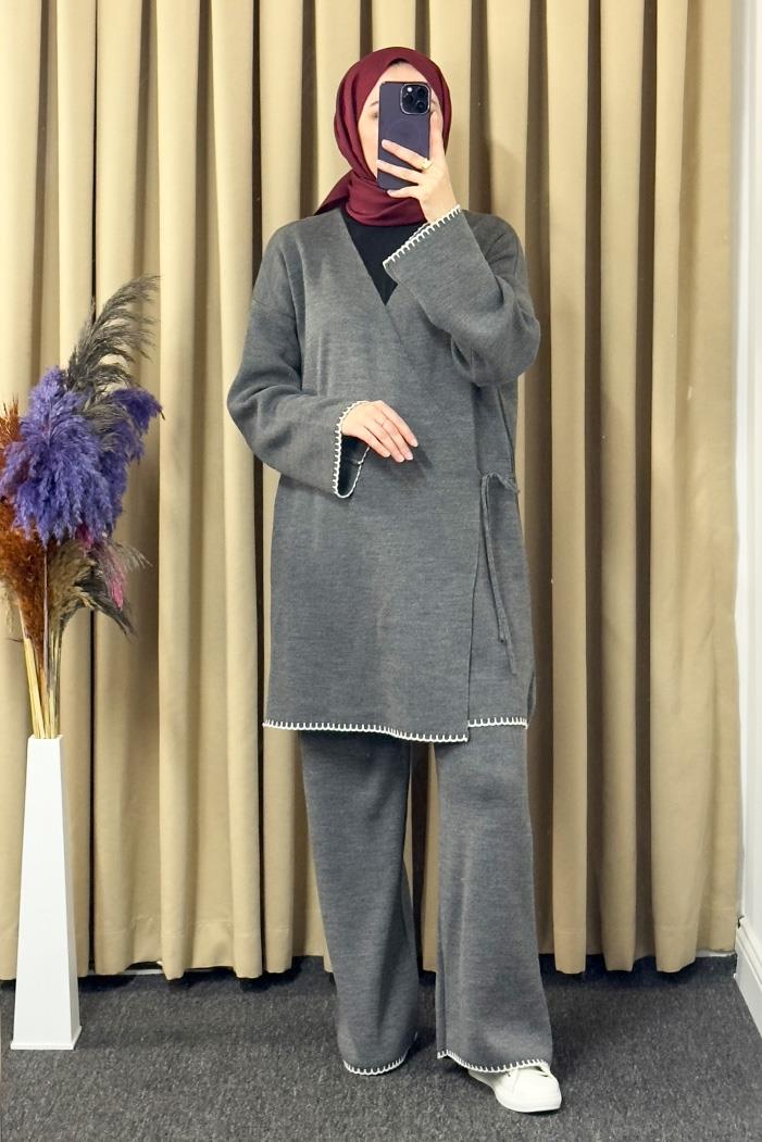 Anel Kimono Pantolon İkili Triko Takım 1229 - Antrasit