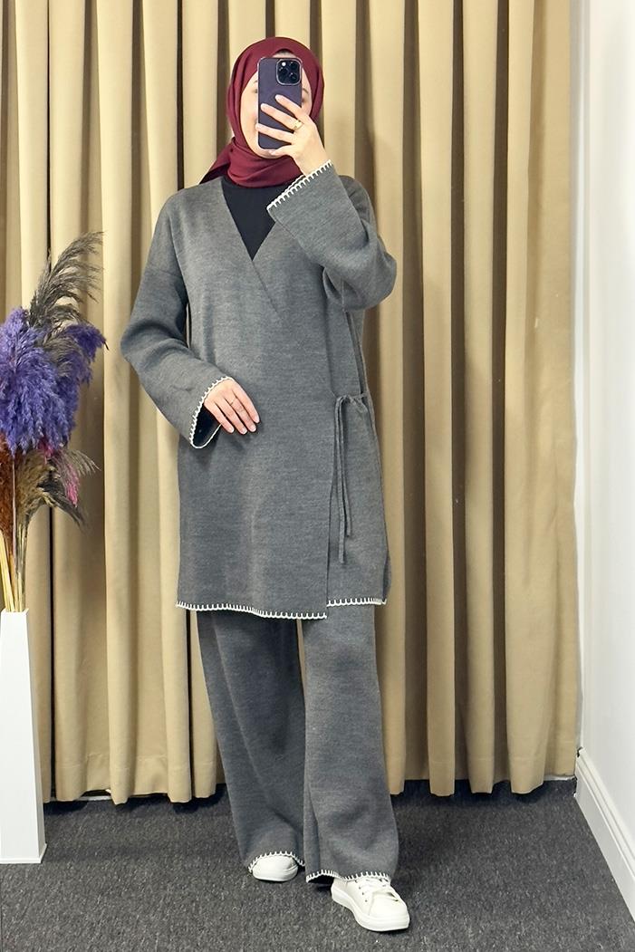 Anel Kimono Pantolon İkili Triko Takım 1229 - Antrasit
