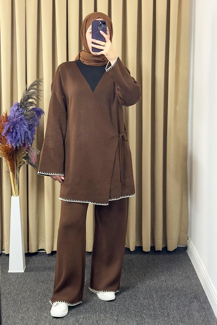 Anel Kimono Pantolon İkili Triko Takım 1229 - Acı Kahve