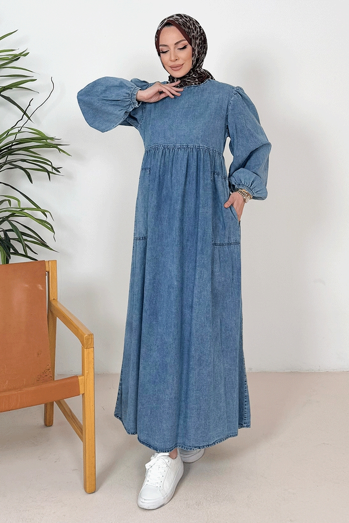 Anfil Balon Kol Kot Elbise 1392 - Mavi