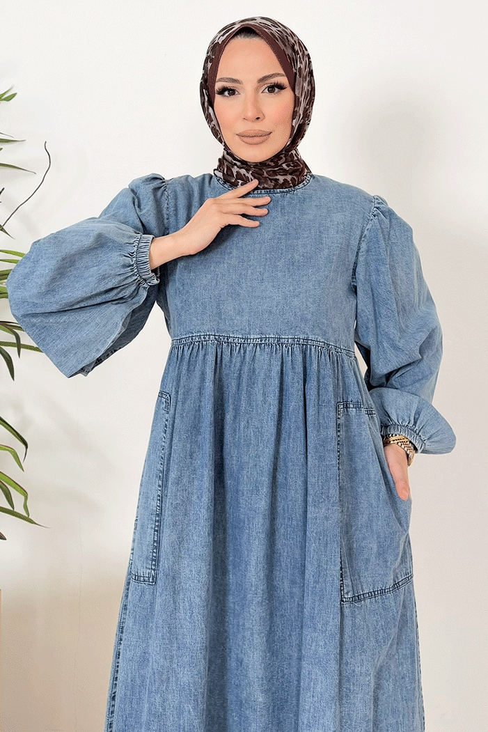 Anfil Balon Kol Kot Elbise 1392 - Mavi