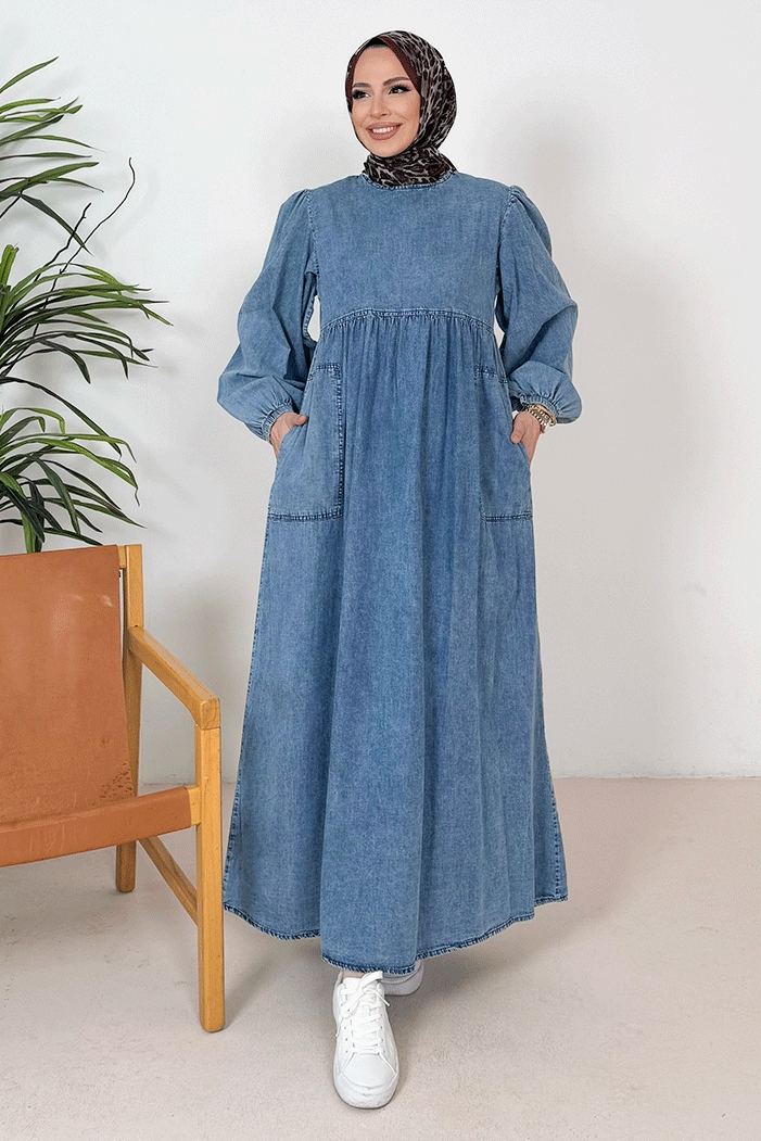 Anfil Balon Kol Kot Elbise 1392 - Mavi