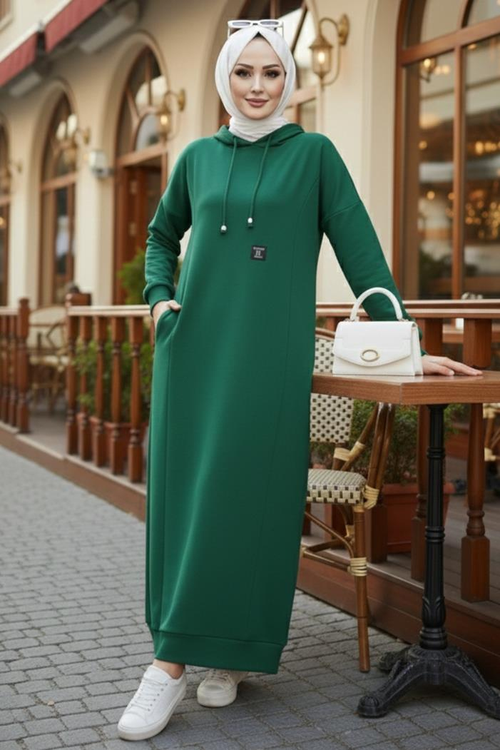Anger Kapüşonlu Elbise 1421 - Zümrüt Yeşili