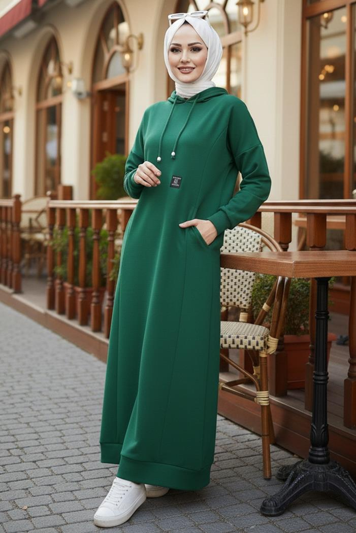 Anger Kapüşonlu Elbise 1421 - Zümrüt Yeşili