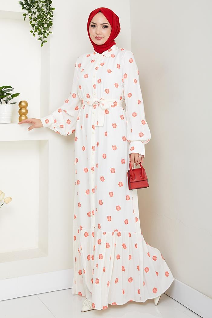 Anif Çiçek Desen Kemerli Elbise 1554 - Kırmızı
