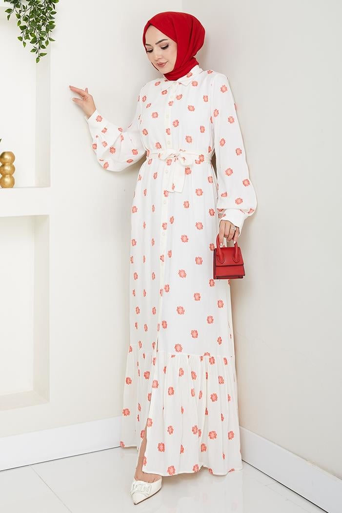 Anif Çiçek Desen Kemerli Elbise 1554 - Kırmızı