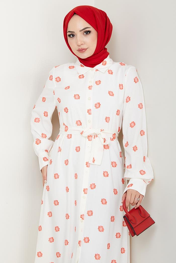 Anif Çiçek Desen Kemerli Elbise 1554 - Kırmızı