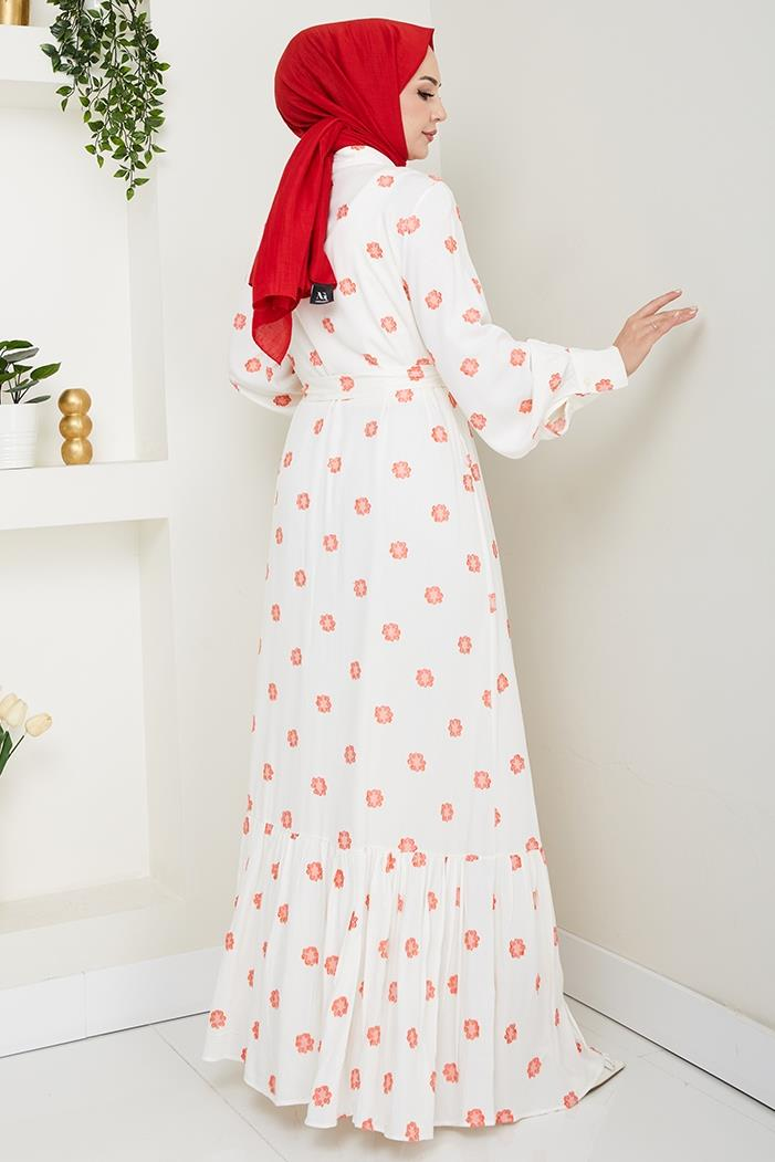 Anif Çiçek Desen Kemerli Elbise 1554 - Kırmızı