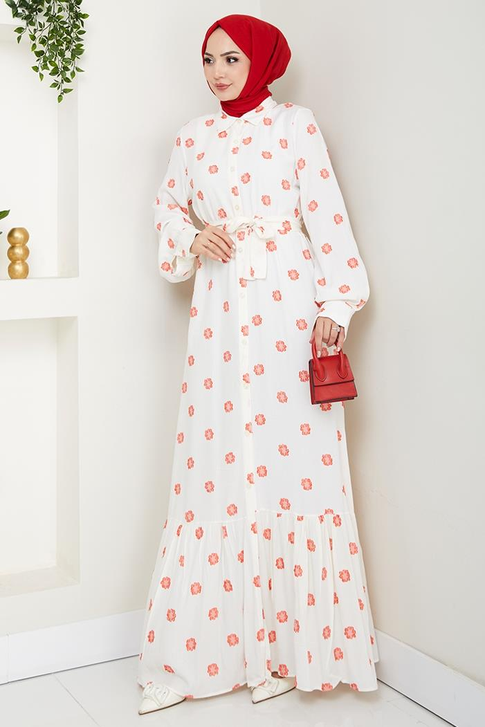 Anif Çiçek Desen Kemerli Elbise 1554 - Kırmızı