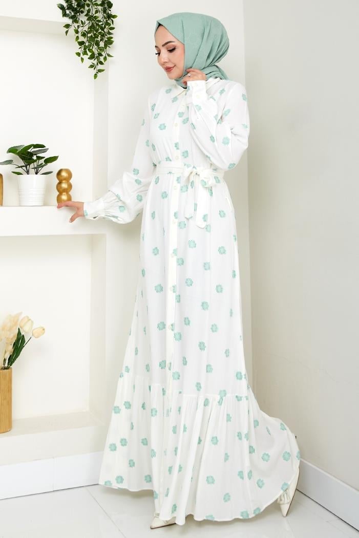 Anif Çiçek Desen Kemerli Elbise 1554 - Mint