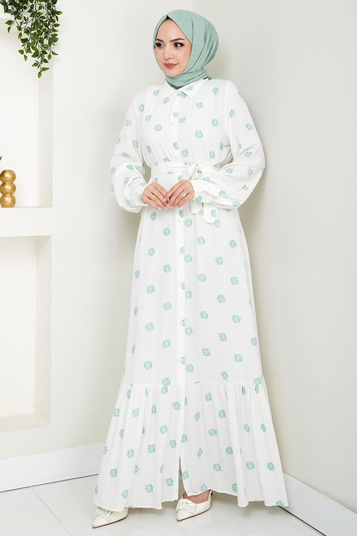 Anif Çiçek Desen Kemerli Elbise 1554 - Mint