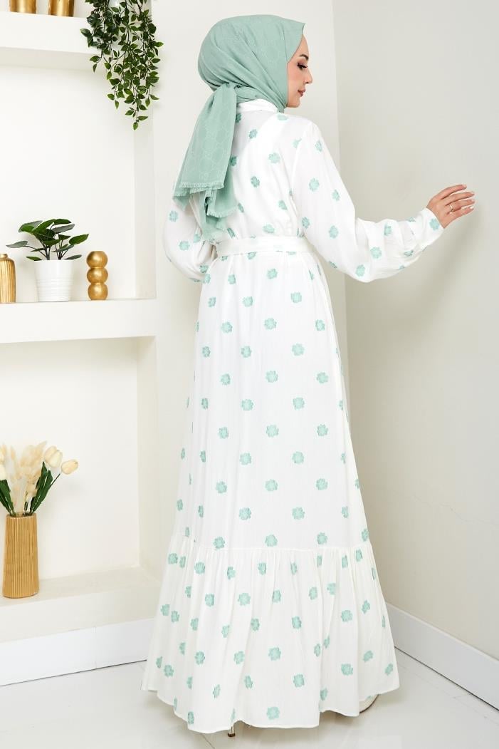 Anif Çiçek Desen Kemerli Elbise 1554 - Mint
