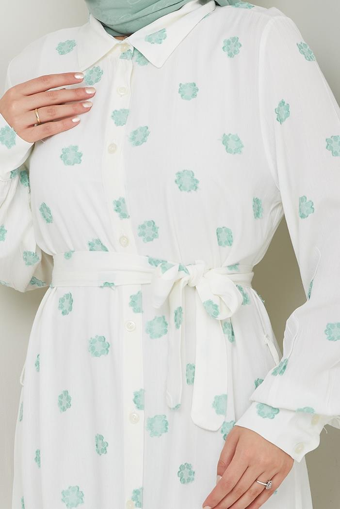 Anif Çiçek Desen Kemerli Elbise 1554 - Mint