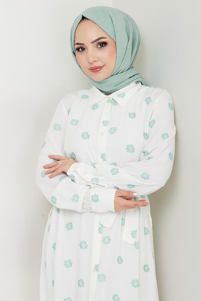 Anif Çiçek Desen Kemerli Elbise 1554 - Mint